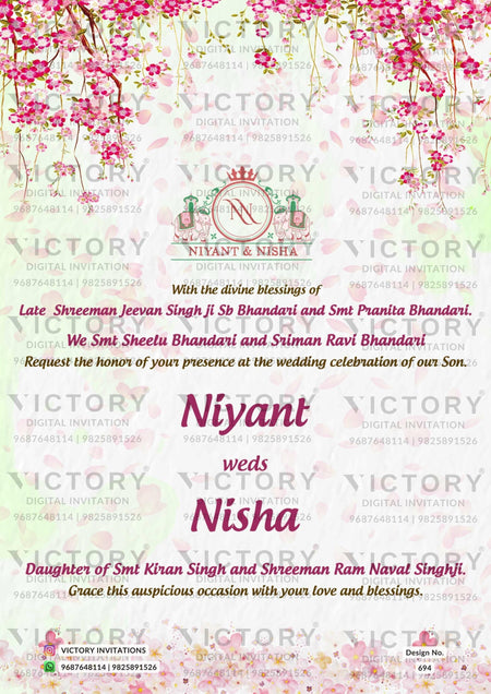 Traditional Vibrant Shaded Floral Vintage Theme Luxurious Wedding Invites with Festive Indian Backdrops and Indian Bride and Groom Doodle Illustrations, design no. 694