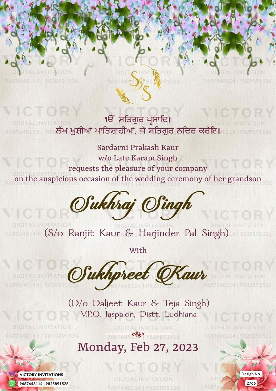 Wedding ceremony invitation card of hindu punjabi sikh family in English language with minimalistic theme design 2766
