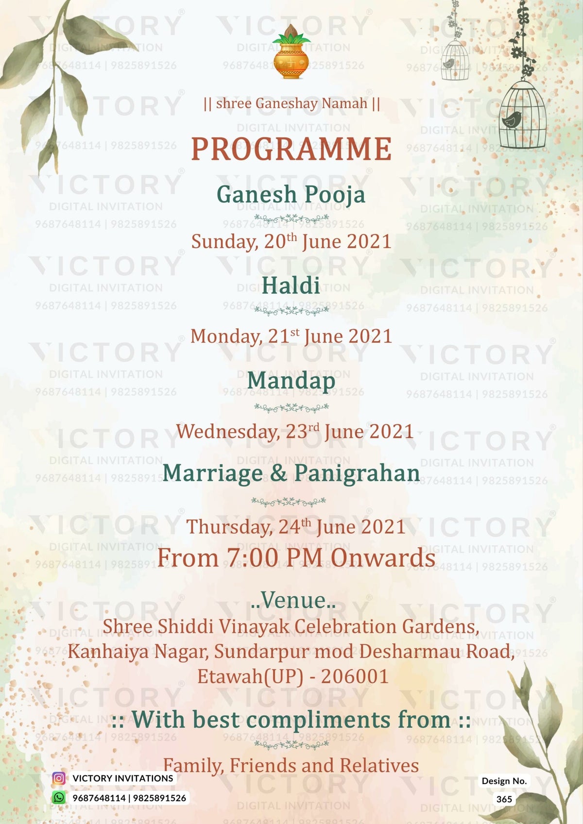 A wedding Invitation Card with majestic Depictions of Peacocks, Delicate Clusters of Blooms, and a Sacred Lord Ganesha Logo on a spectacular Lilac and Green Backdrop, Design no.365