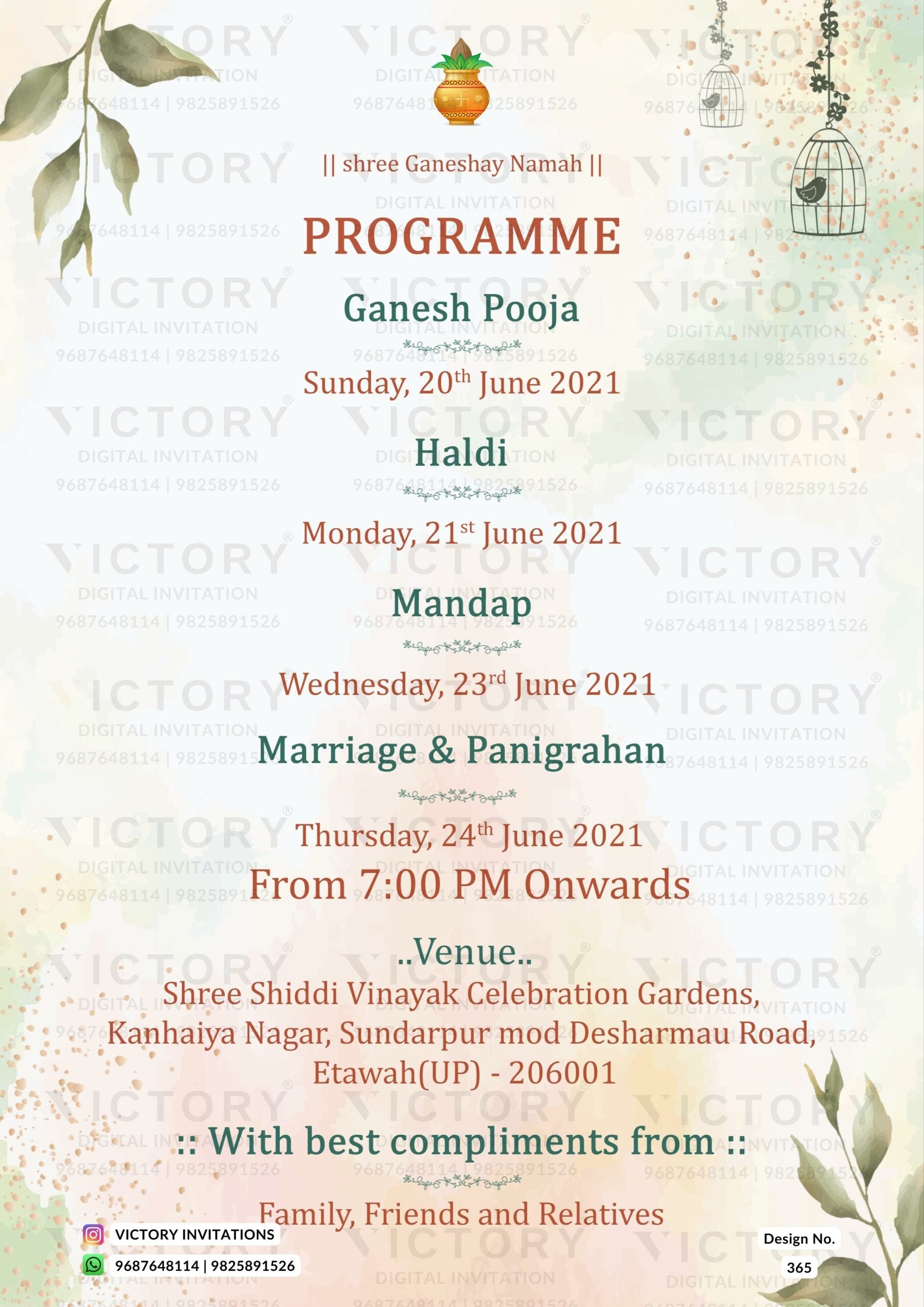 A wedding Invitation Card with majestic Depictions of Peacocks, Delicate Clusters of Blooms, and a Sacred Lord Ganesha Logo on a spectacular Lilac and Green Backdrop, Design no.365