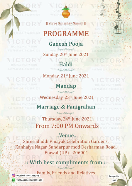 A wedding Invitation Card with majestic Depictions of Peacocks, Delicate Clusters of Blooms, and a Sacred Lord Ganesha Logo on a spectacular Lilac and Green Backdrop, Design no.365