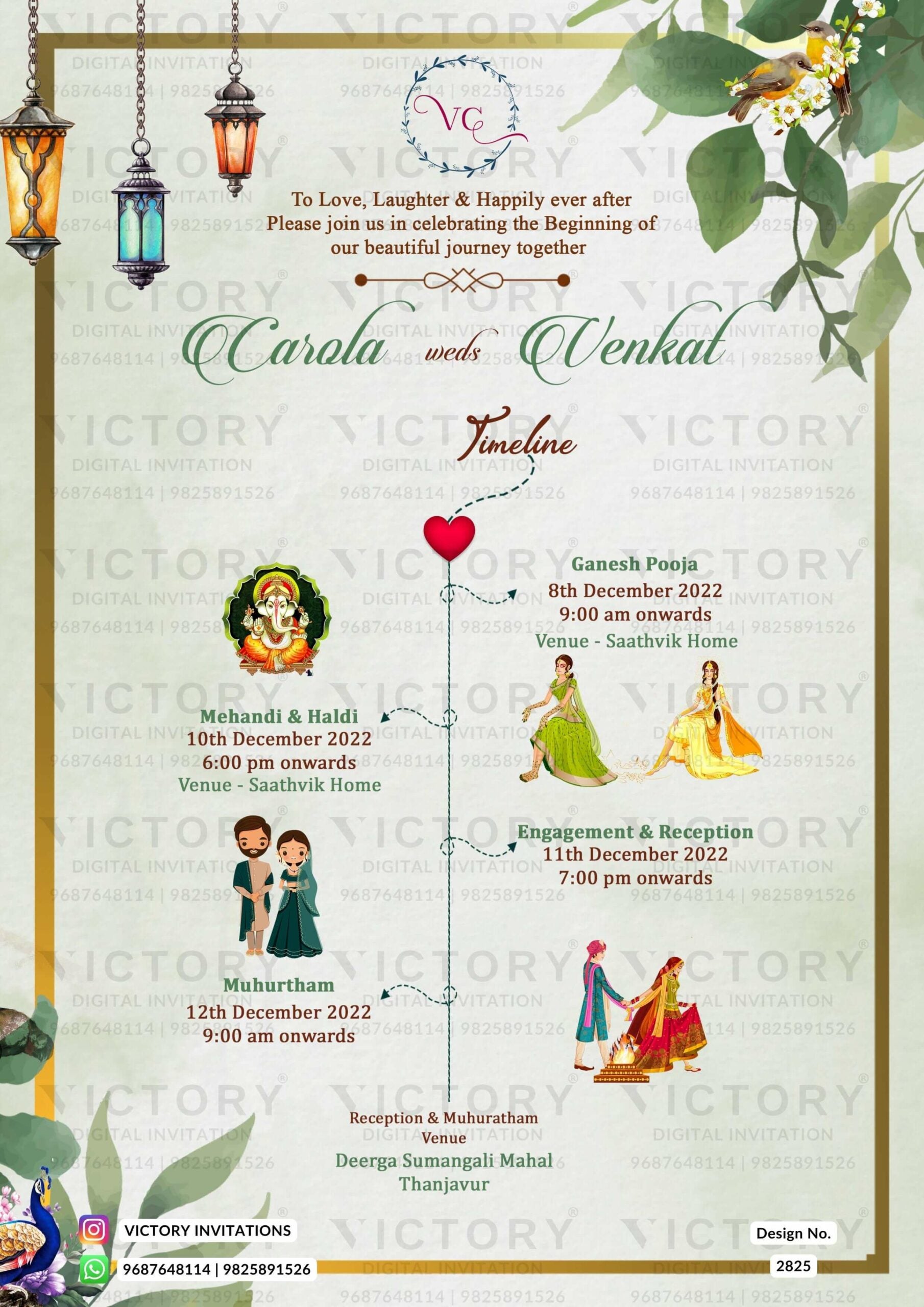 Water-colored Pink and Pastel Green Poppy Theme Indian Wedding Save the Date Invites with Festive Couple Doodles and Couple Caricature Illustration, Design no. 2825