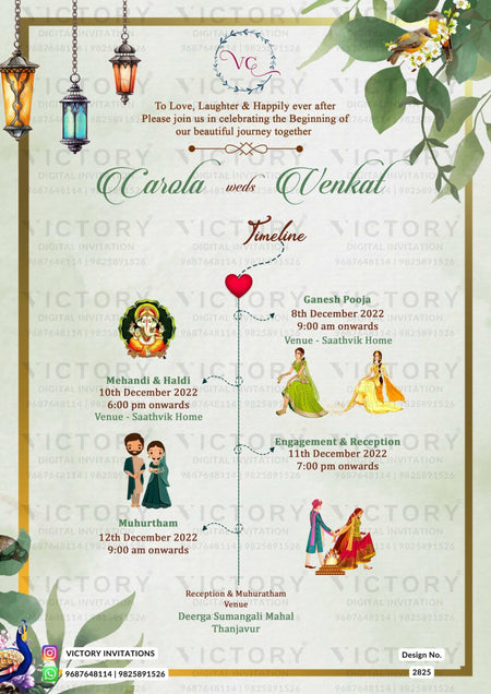 Water-colored Pink and Pastel Green Poppy Theme Indian Wedding Save the Date Invites with Festive Couple Doodles and Couple Caricature Illustration, Design no. 2825