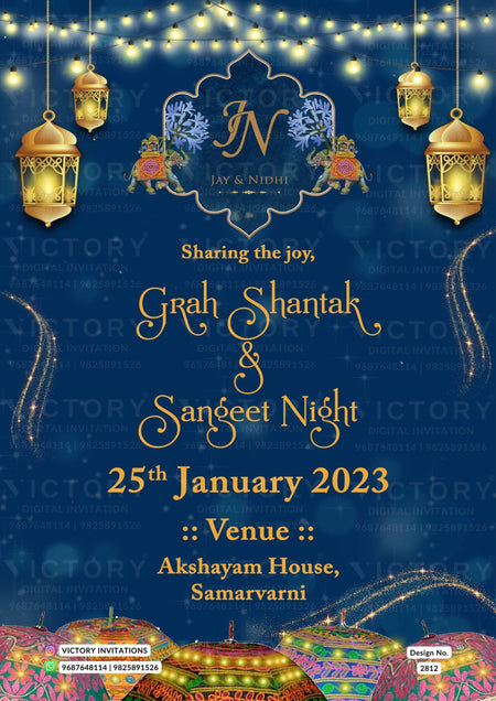 Mustard-Yellow and Navy Blue Traditional Whimsical Theme Indian Online Wedding Invitation Cards, Design no. 2812