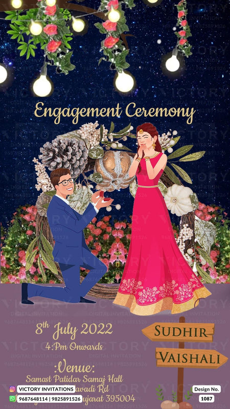 Midnight Blue and Plush Pink Romantic Floral Theme Engagement Invitation with Festive Engagement Couple Illustration, Design no. 1087