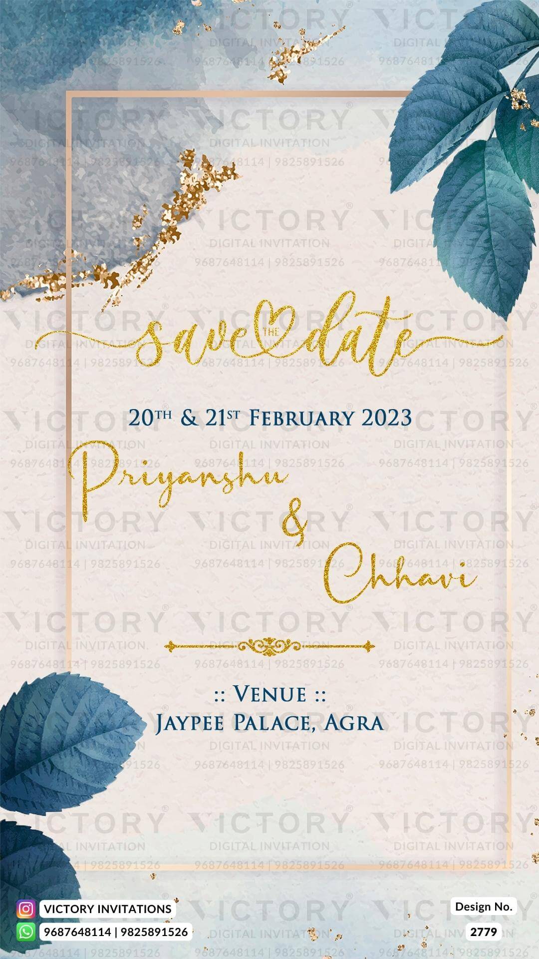 Save the Date card in english language with leaves as floral theme design 2779