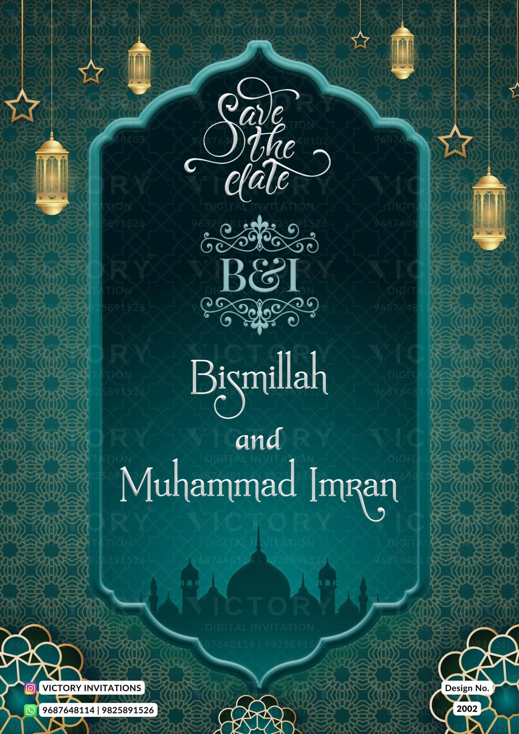 Nikah ceremony invitation card of Muslim family in english language with couple photo theme design 2002
