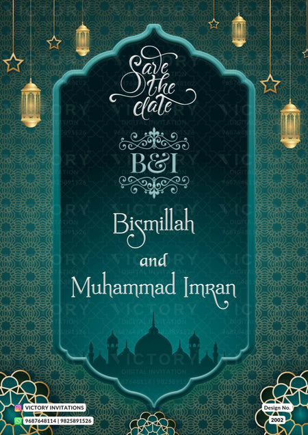Nikah ceremony invitation card of Muslim family in english language with couple photo theme design 2002