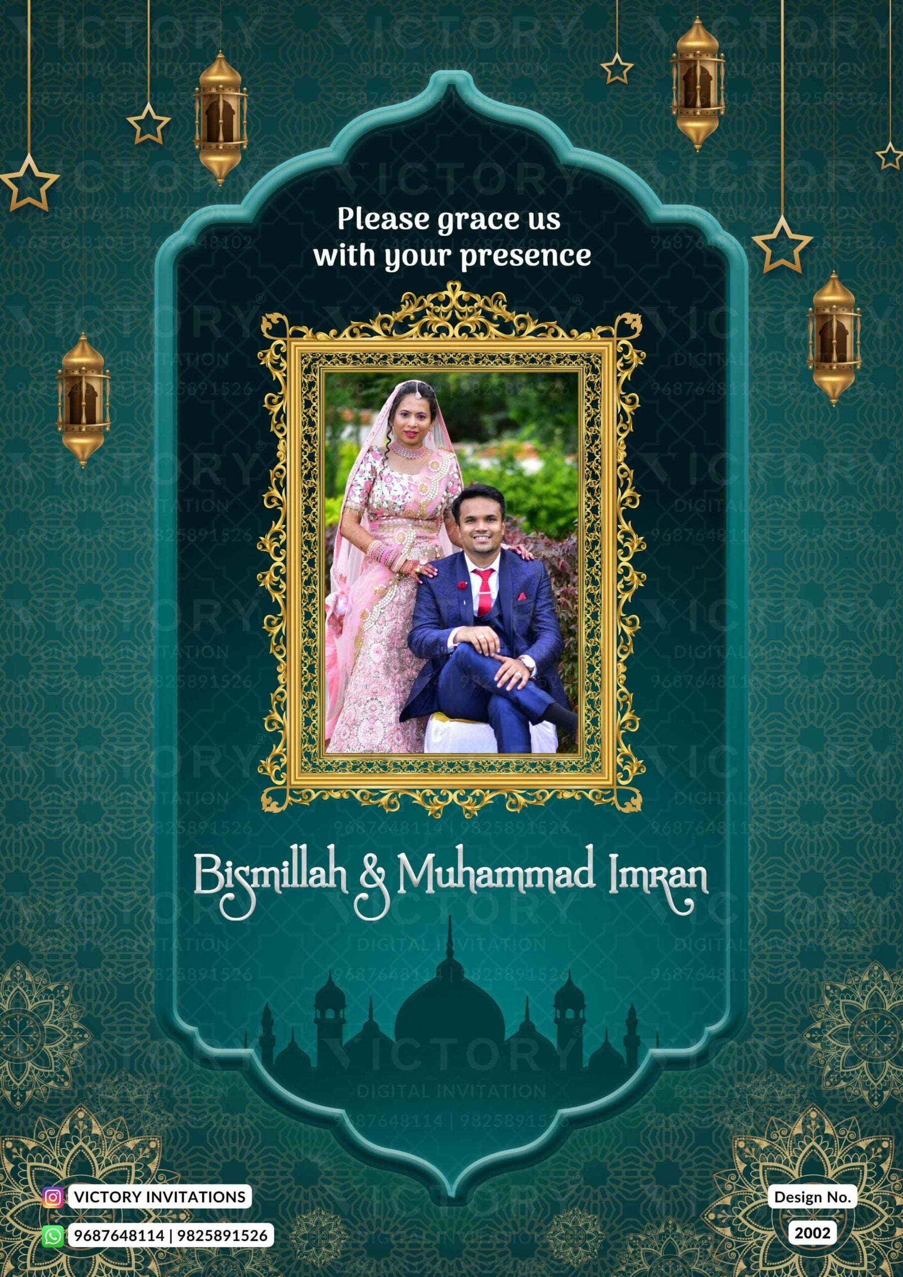 Nikah ceremony invitation card of Muslim family in english language with couple photo theme design 2002