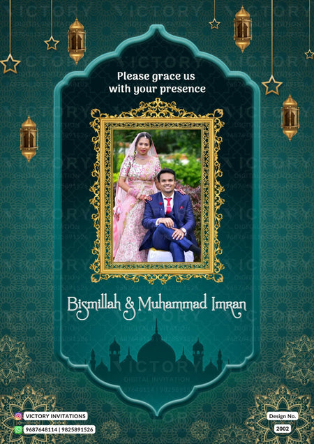 Nikah ceremony invitation card of Muslim family in english language with couple photo theme design 2002