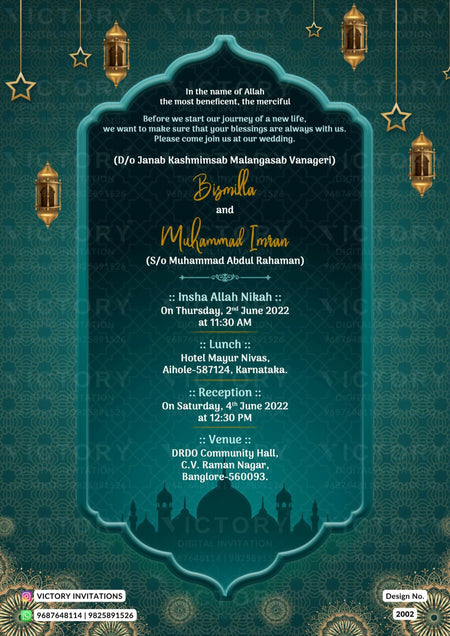 Nikah ceremony invitation card of Muslim family in english language with couple photo theme design 2002