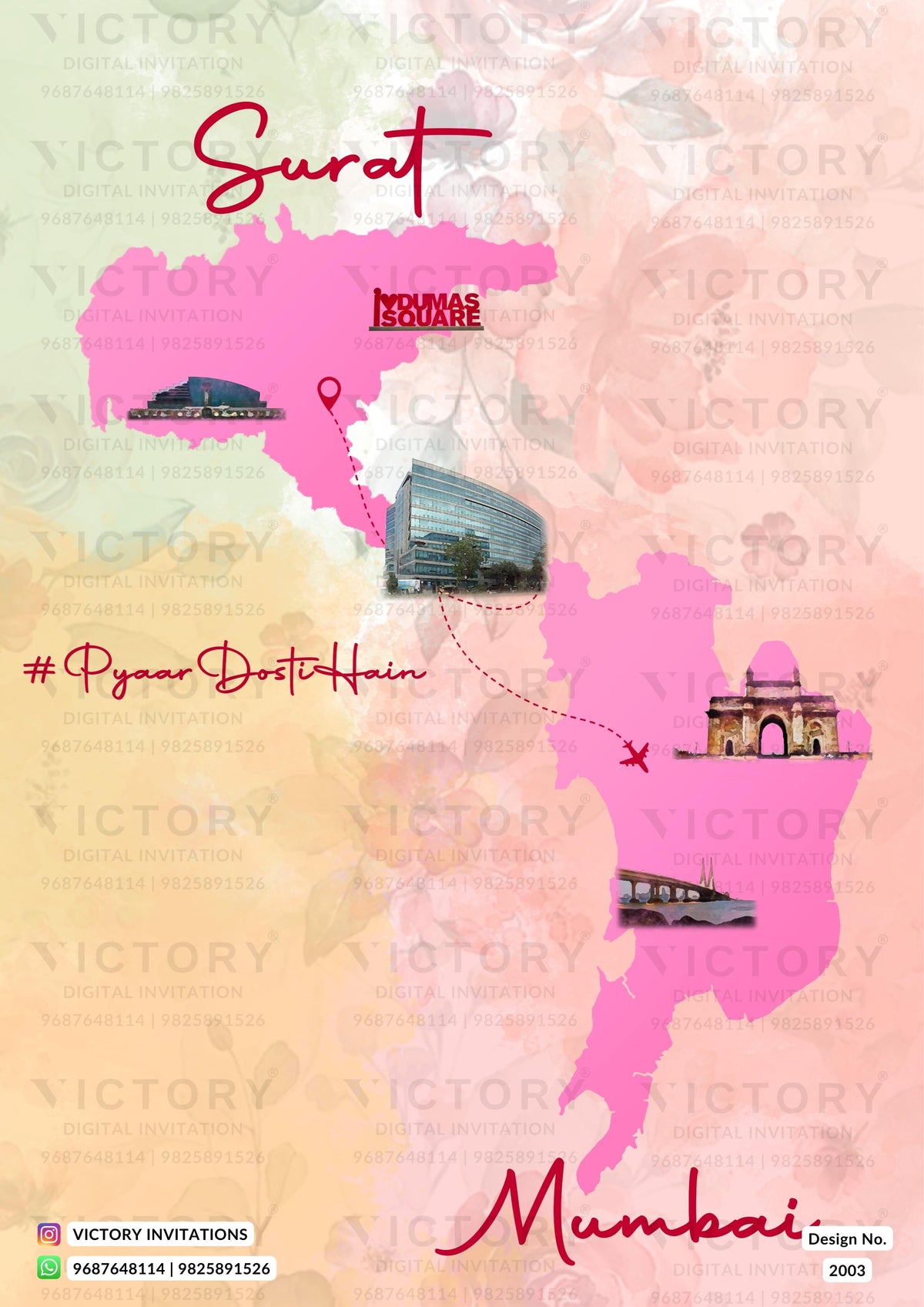 A travel-style graphic with a pink map outline between Surat and Mumbai, decorated with small illustrations of landmarks and a train, plus the words 'Surat', 'Mumbai', and '#PyarDostHain'.