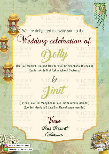 A digital preview of a wedding invitation card template featuring a cream central panel with elegant gold and dark red typography, surrounded by a decorative border with hanging lanterns, floral elements, and a soft green background.