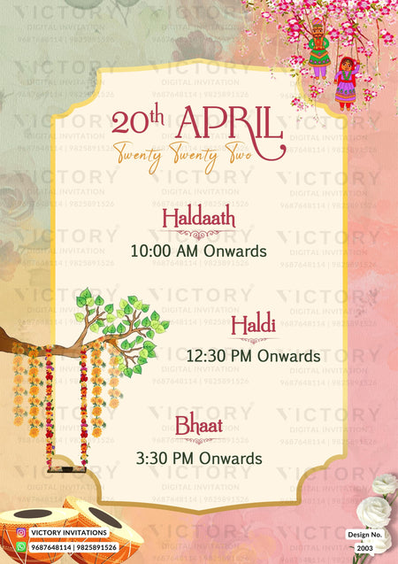 A festive Indian wedding invitation card with a cream central panel framed by pink and peach decorative borders. The card features illustrations of a decorated swing tree, hanging marigold garlands, a floral tree with hanging clothes, and two children in traditional clothing.