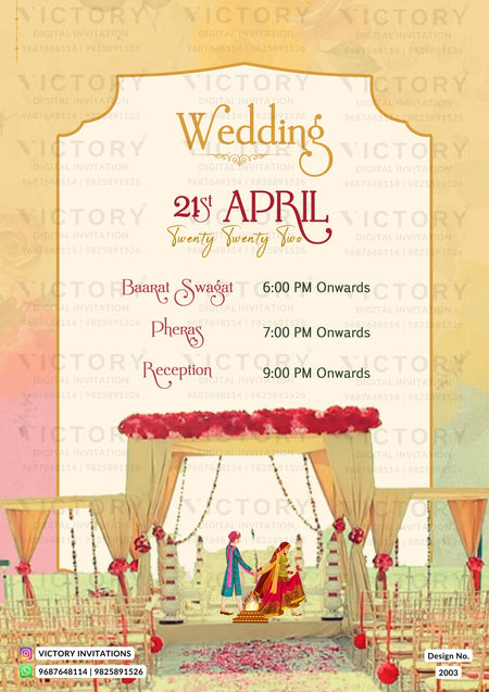 A digital preview of a wedding invitation card featuring a traditional Indian wedding theme. The top half has a cream-colored arch with gold borders containing event details like 'Wedding 21st April' and timings.