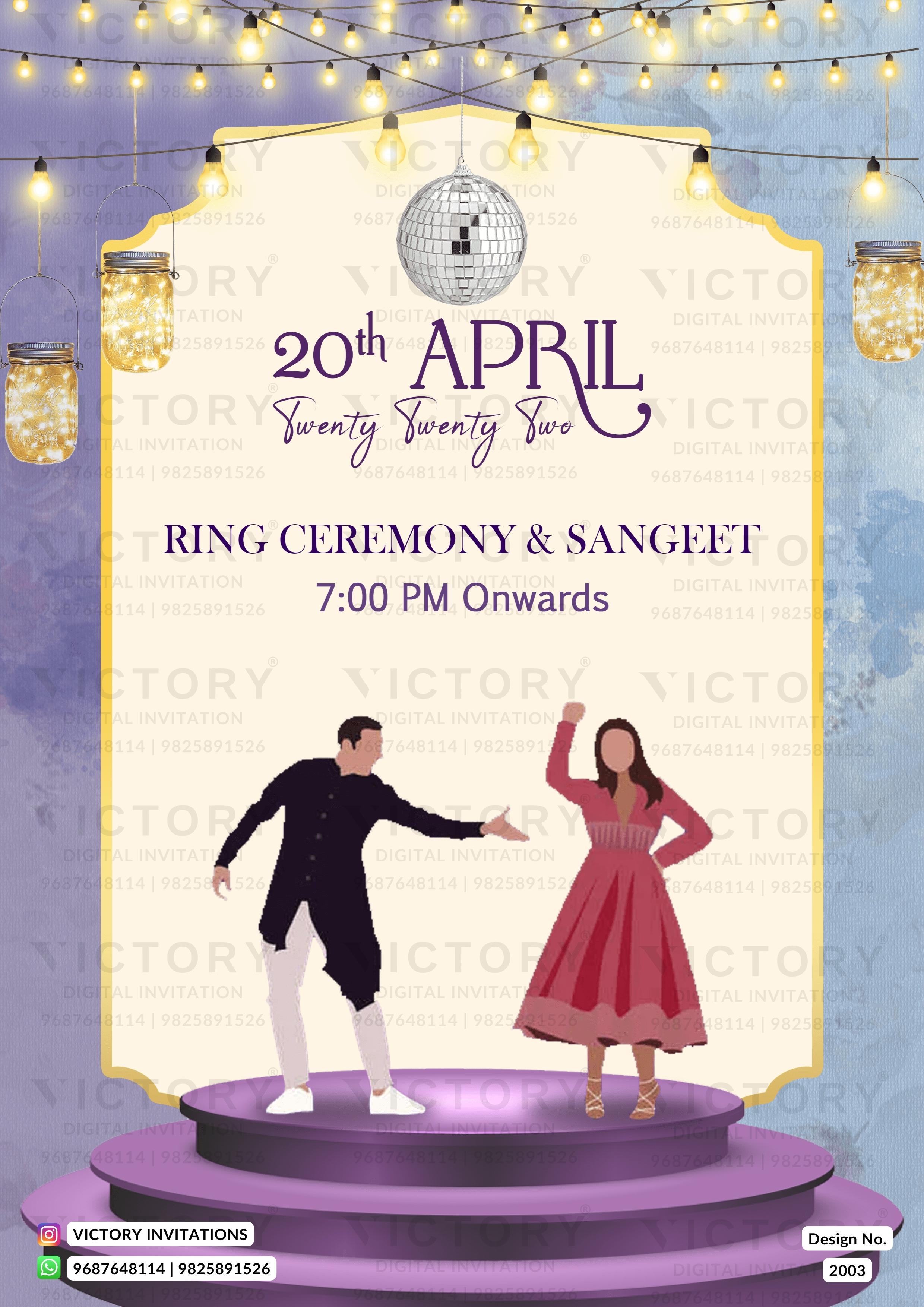 Digital invitation card design for a wedding ring ceremony and sangeet on 20th April (Twenty Twenty Two) at 7:00 PM. The design features a central cream-colored frame with purple text, surrounded by a lavender-blue background decorated with hanging string lights, a disco ball, and cartoon illustrations of a man in a black kurta and a woman in a pink dress standing on a purple stage.