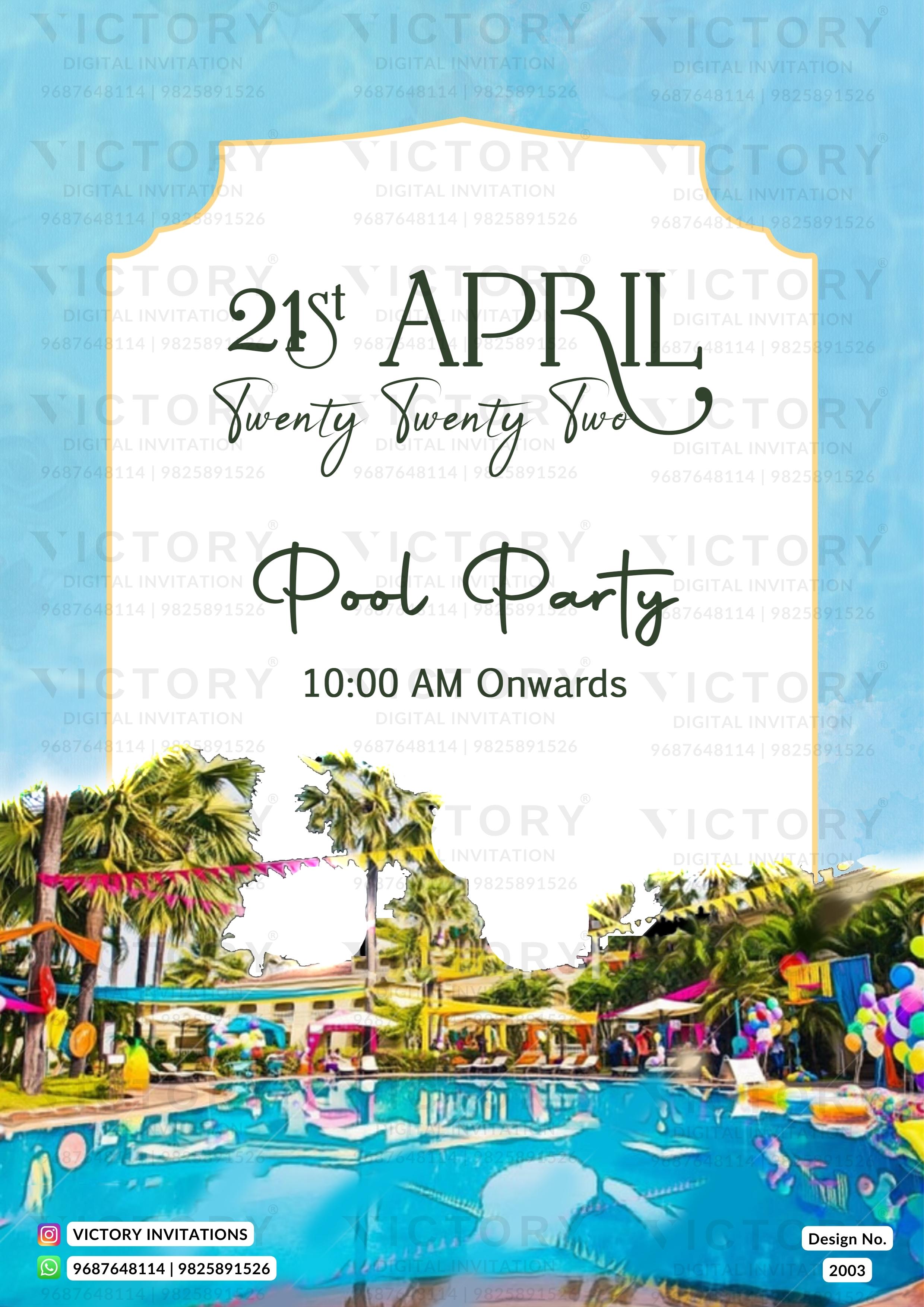 A digital pool party invitation template featuring a light blue watercolor sky background, a white central label with event details in black script, and a colorful illustration of a swimming pool and palm trees at the bottom. The brand name 'VICTORY INVITATIONS' is watermarked across the image.