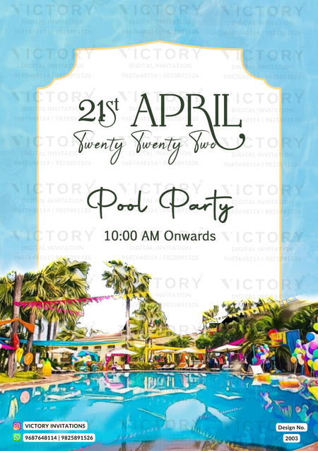 A digital pool party invitation template featuring a light blue watercolor sky background, a white central label with event details in black script, and a colorful illustration of a swimming pool and palm trees at the bottom. The brand name 'VICTORY INVITATIONS' is watermarked across the image.