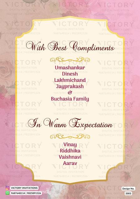 A digital wedding invitation card design with a cream central panel framed by a gold border, set against a pink floral background. The text reads 'With Best Compliments' followed by names, 'In Warm Expectation' followed by another list, and includes 'VICTORY INVITATIONS' branding at the bottom.