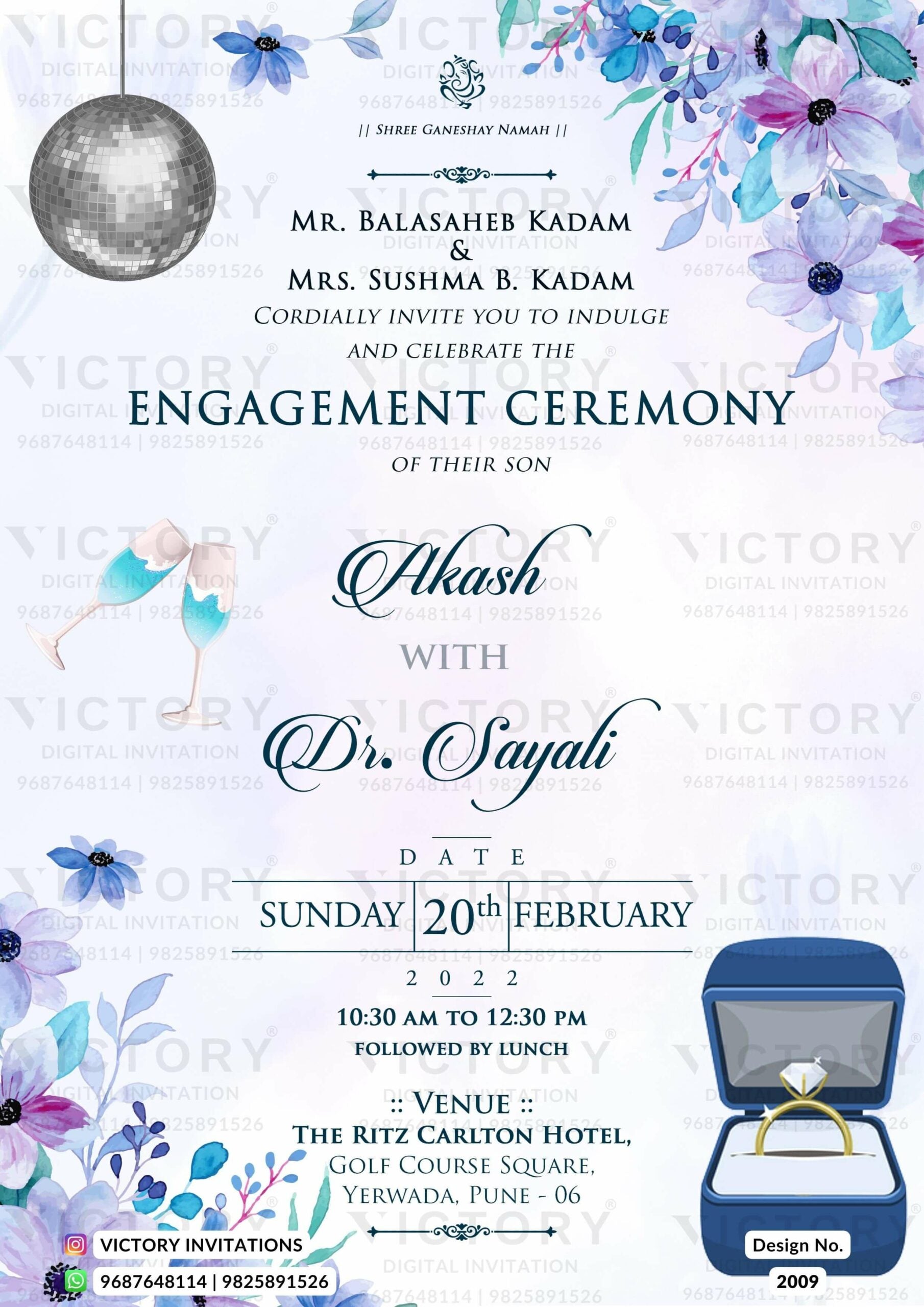 Engagement ceremony invitation card in english language with glass, ring box as floral theme design 2009