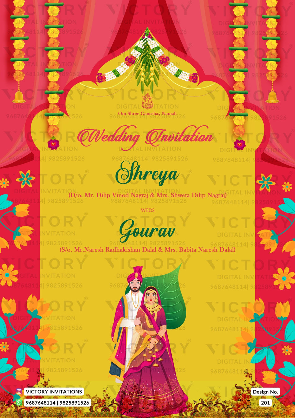 Wedding ceremony invitation card of hindu north indian family in English language with arch theme design 201
