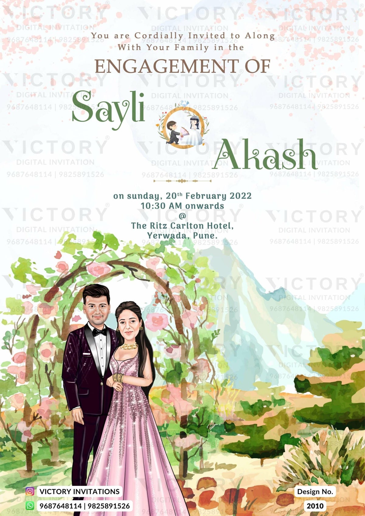 stylish couple caricature invitation card for Engagement ceremony in Englsih language with flowers, mountain as garden theme design 2010