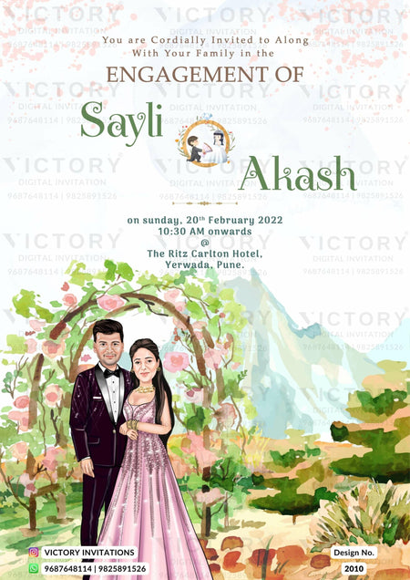 stylish couple caricature invitation card for Engagement ceremony in Englsih language with flowers, mountain as garden theme design 2010