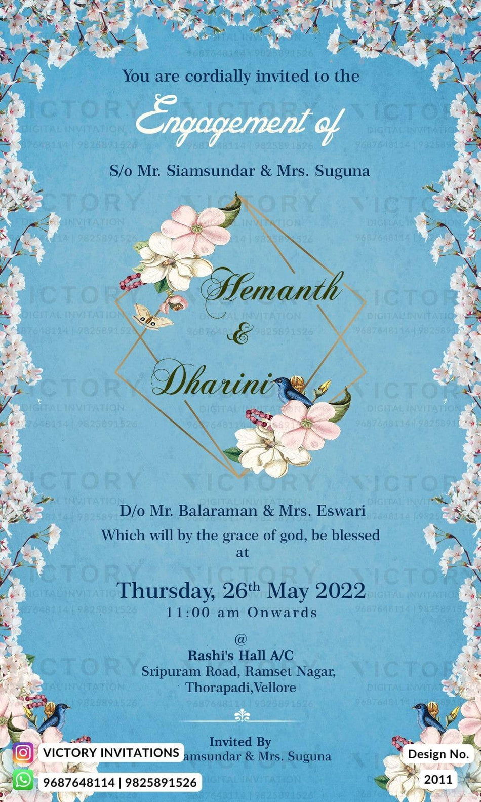 Engagement ceremony invitation card in english language with birds as floral theme design 2011
