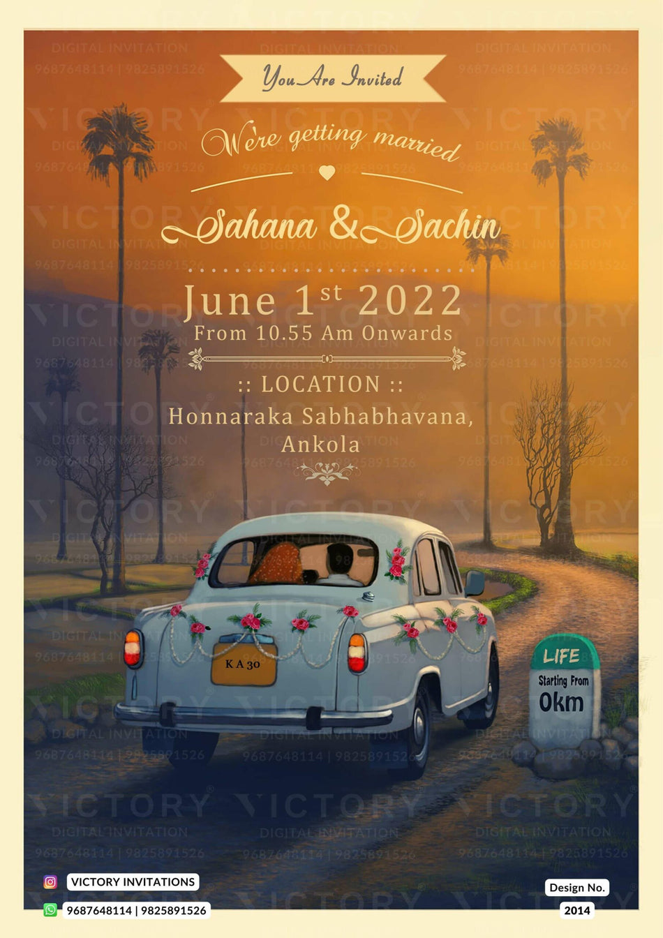 Wedding ceremony invitation card of hindu south indian kannada family in english language with sunset theme design 2014