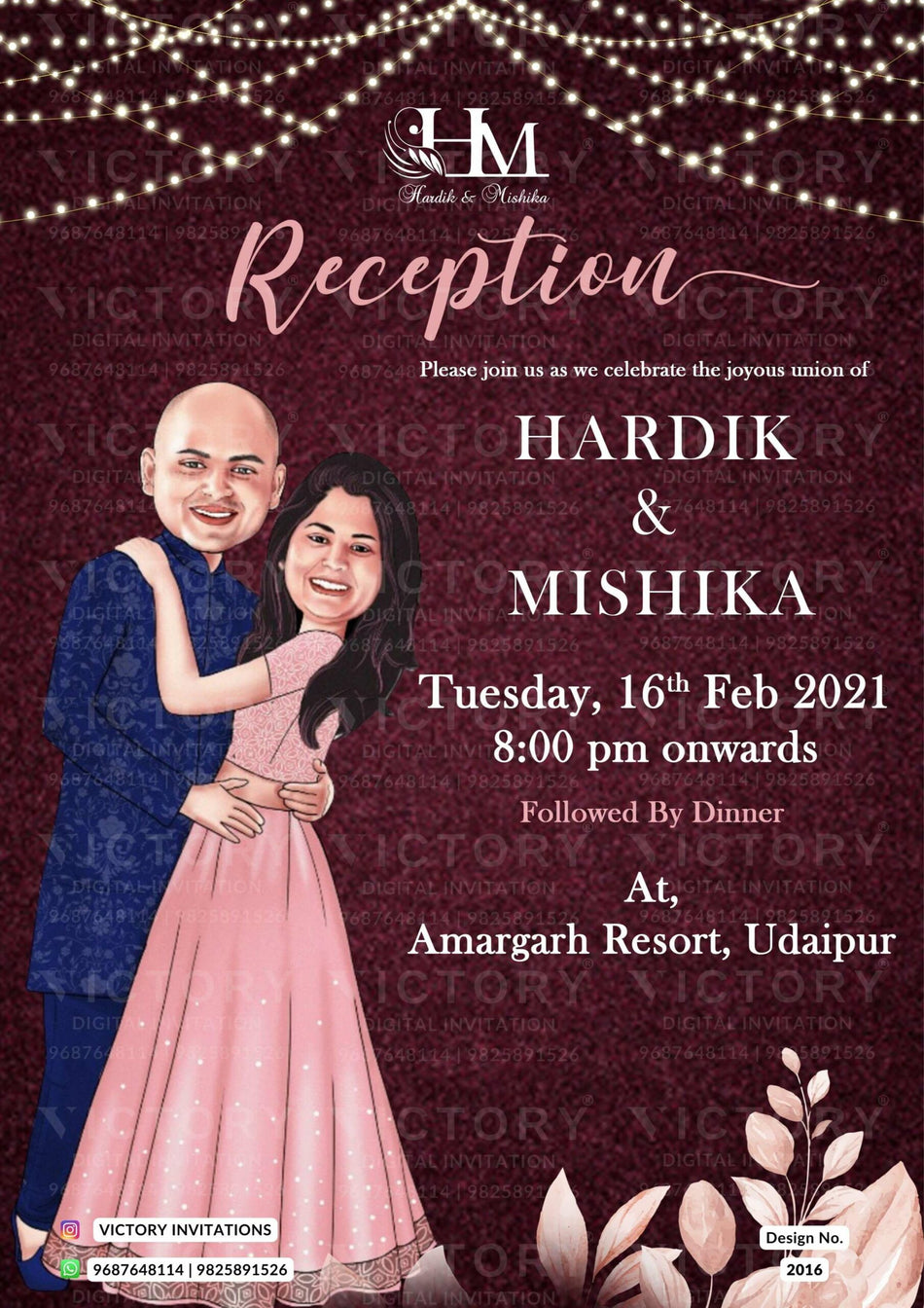 romantic couple caricature invitation card for Reception Party in English language with string lights, couple logo as glittery theme design 2016