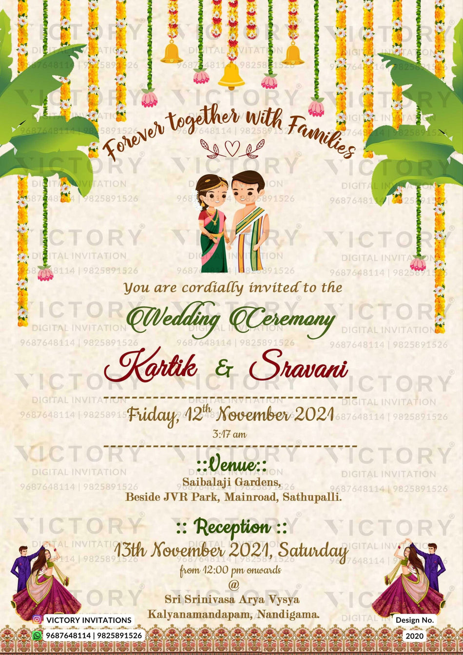 Wedding ceremony invitation card of hindu south indian telugu family in english language with traditional theme design 2020