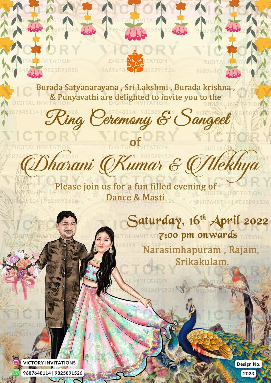 romantic couple caricature invitation card for Engagement ceremony in Englsih language with peacock, birds as traditional theme design 2023