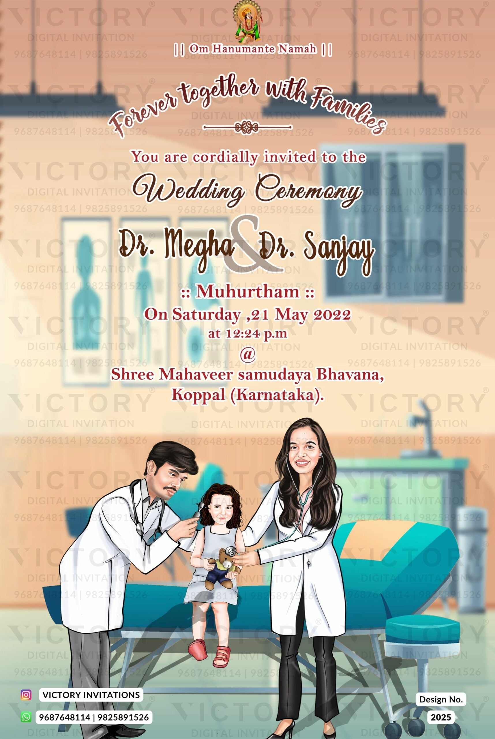 doctor couple caricature digital invitation card for wedding ceremony of hindu south indian Kannada family in english language with hospital theme design 2025