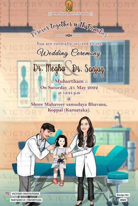 doctor couple caricature digital invitation card for wedding ceremony of hindu south indian Kannada family in english language with hospital theme design 2025