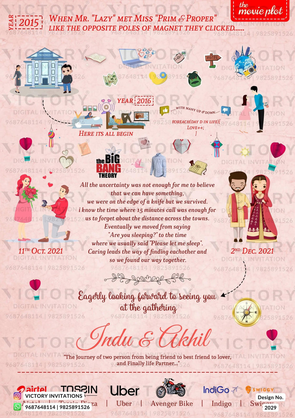 Wedding ceremony invitation card of hindu modern family in english language with love story theme design 2029