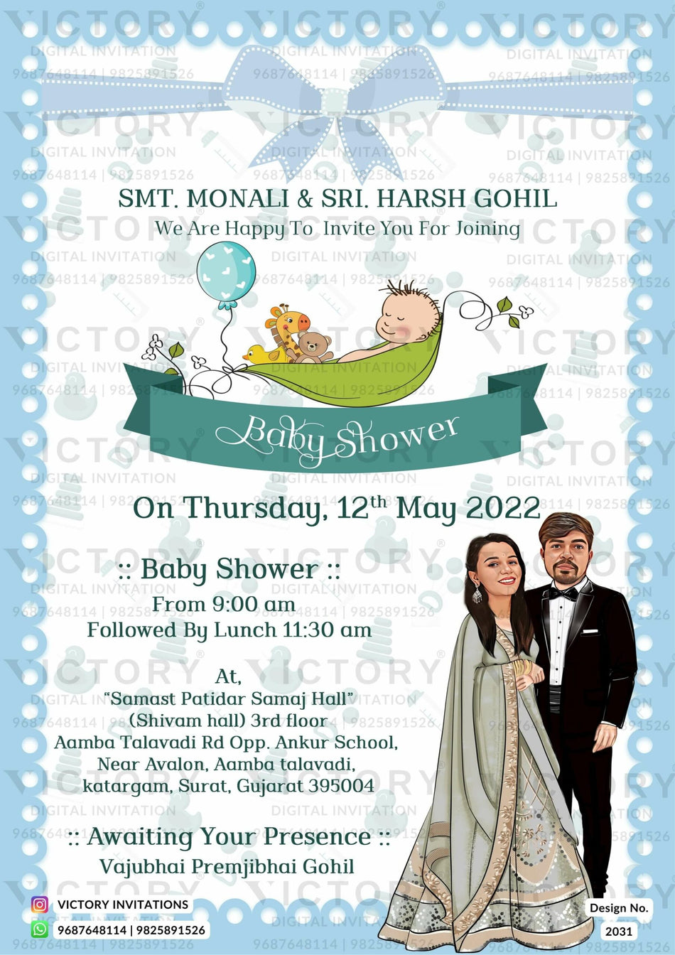 stylish couple caricature invitation card for Baby Shower ceremony in English language with ribbon ballons as playful theme design 2031