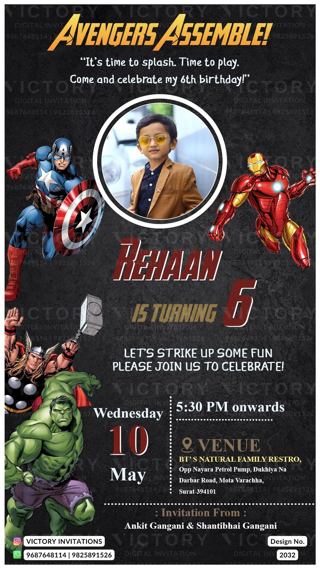 Birthday party invitation card for boy in English language with avengers theme design 2032