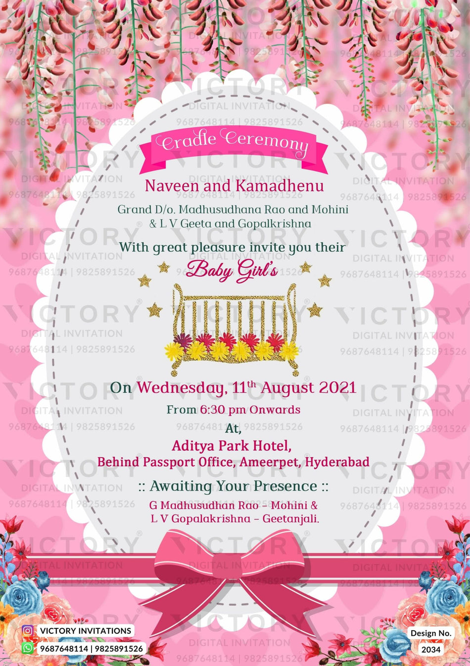 Cradle ceremony invitation card for baby girl in english language with flowers, cradle as floral theme design 2034