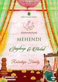 Mehendi Welcome Standee design in english language with flower garland, curtain as traditional theme design 2046