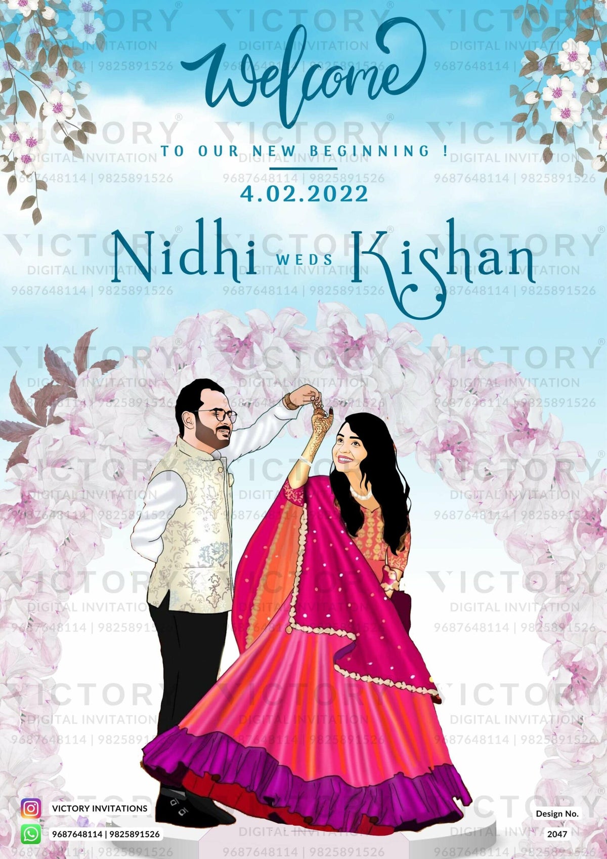 Romantic couple caricature welcome standee of wedding ceremony in English language with leaves as floral theme design 2047