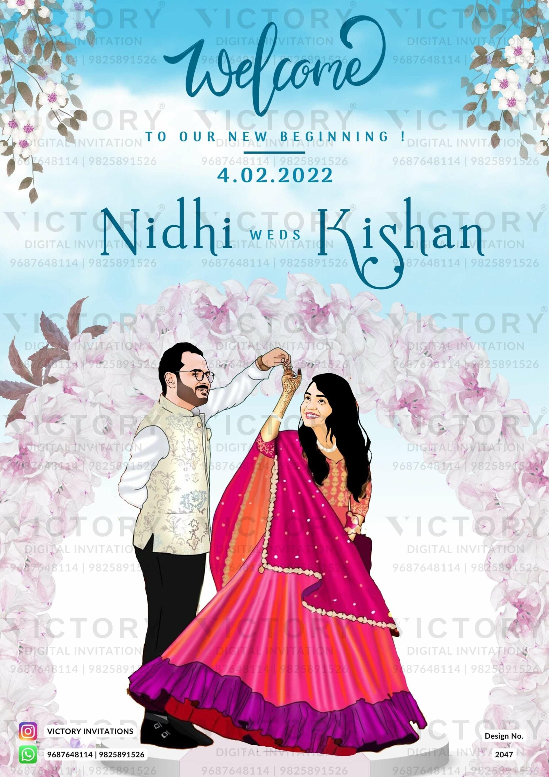 Romantic couple caricature welcome standee of wedding ceremony in English language with leaves as floral theme design 2047
