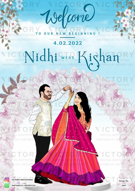 Romantic couple caricature welcome standee of wedding ceremony in English language with leaves as floral theme design 2047