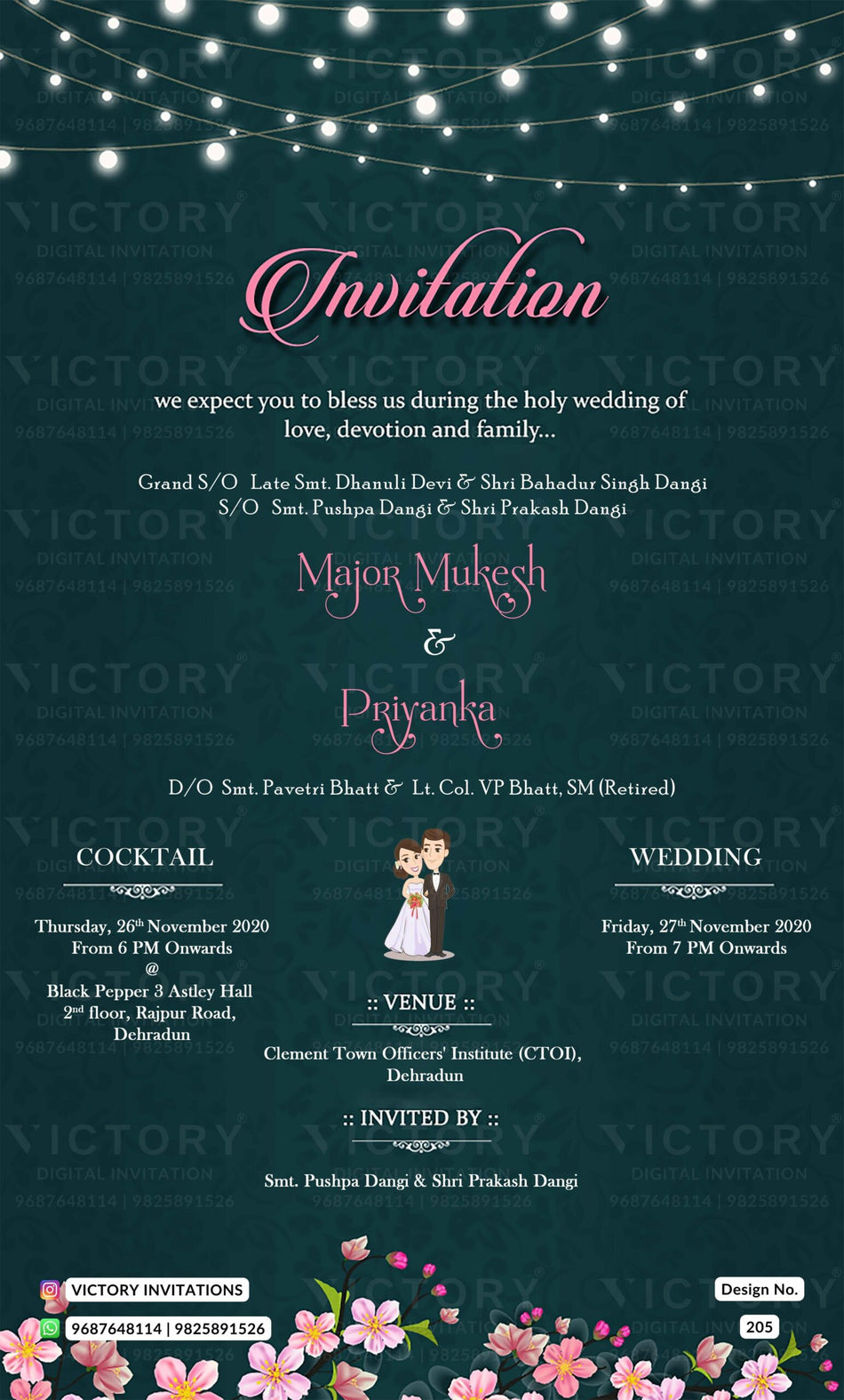 Wedding ceremony invitation card of hindu North indian family in english language with Shining theme design 205