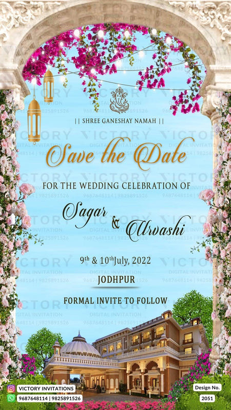 Wedding ceremony invitation card of hindu rajasthani royal family in english language with traditional arch theme design 2051