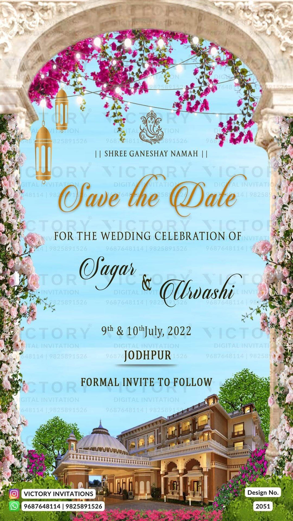 Wedding ceremony invitation card of hindu rajasthani royal family in english language with traditional arch theme design 2051