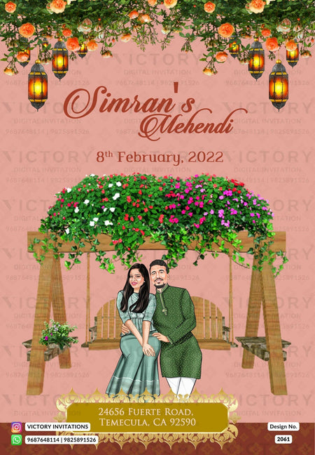 Stylish couple caricature invitation card for Mehendi Ceremony in English language with lantern, swing as minimalistic theme design 2061