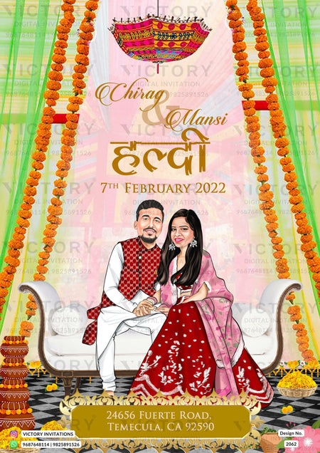 Stylish couple caricature invitation card for Haldi Ceremony in English language with curtains, sofa, flowers as traditional theme design 2062