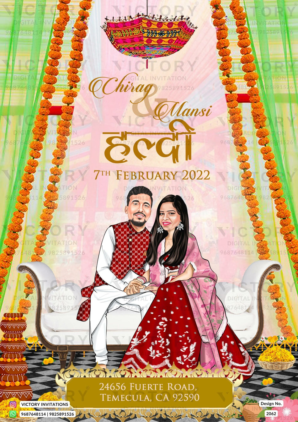 Stylish couple caricature invitation card for Haldi Ceremony in English language with curtains, sofa, flowers as traditional theme design 2062