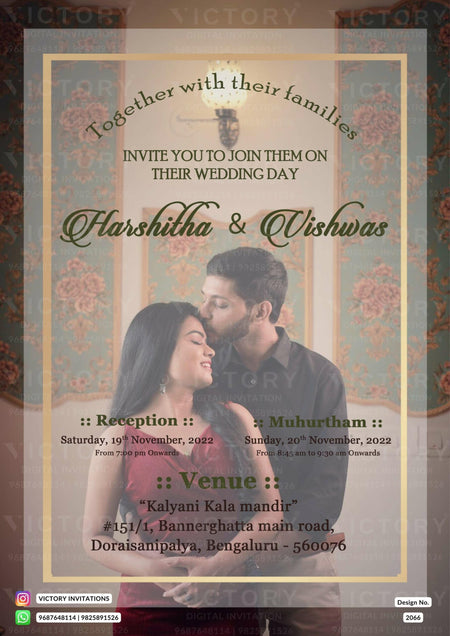 Wedding ceremony invitation card of hindu south indian kannada family in english language with couple photo theme design 2066