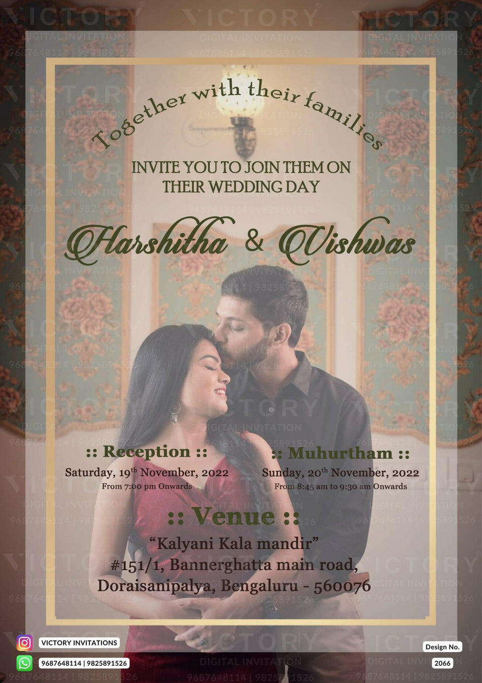 Wedding ceremony invitation card of hindu south indian kannada family in english language with couple photo theme design 2066